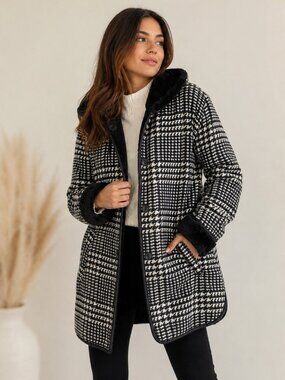 Ike Behar Womens Houndstooth Hooded Fleece Plush Lined Coat M Pockets Button